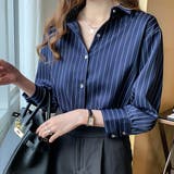 ネイビー | 「上品ストライプデザイン&ゴールドボタンがオシャレなレディースシャツ」オフィス | maison de LATIR
