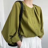 グリーン | ランタンスリーブが可愛いコットンシャツ Uネック アシンメトリー | maison de LATIR
