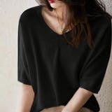 ブラック(Vネック) | プチハイネックで大人サマーニット 5分袖 シンプル | maison de LATIR