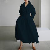 ネイビー | 一枚で主役になるタックフレアシャツワンピース ロングワンピース 長袖 | maison de LATIR