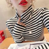 ブラック | コンパクトシルエットが女性らしいタートルネックボーダーニット ストライプ リブニ… | maison de LATIR