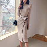 ベージュ | 美ラインですらっと見せる!リボン付リブニットワンピース 膝下ワンピース 大人 | maison de LATIR