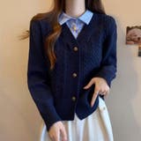 冬の華やかレイヤード風ケーブル編みニットカーディガン 異素材切替シャツ 重ね着 | maison de LATIR | 詳細画像2