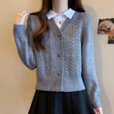 冬の華やかレイヤード風ケーブル編みニットカーディガン 異素材切替シャツ 重ね着 | maison de LATIR | 詳細画像3