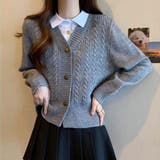 グレー | 冬の華やかレイヤード風ケーブル編みニットカーディガン 異素材切替シャツ 重ね着 | maison de LATIR