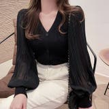 ブラック | シフォンVネックカーディガン セータートップス パフスリーブ | maison de LATIR