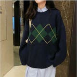 ネイビー | アーガイル柄が可愛いカジュアルニット オーバーサイズ ゆったりめ | maison de LATIR