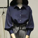 ネイビー | ランタンスリーブが可愛いストライプシャツ 袖コンシャス ドロップショルダー | maison de LATIR