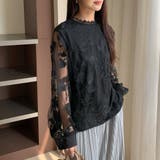 ブラック | 華やかな存在感を漂わせるフラワー刺繍レース長袖ブラウス ハイネック 裏地付き | maison de LATIR