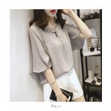 グレー | きれいめコーデと相性抜群のとろみスリットネックブラウス 上品 フレアスリーブ | maison de LATIR