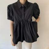 ブラック | レトロな大人可愛いパフスリーブペプラシャツ トップス ブラウス | maison de LATIR