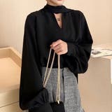 ブラック | 華やかさときちんと感をあわせたボウタイブラウス 上品 パフスリーブ | maison de LATIR