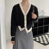 ブラック | 洗練された上品さを漂わせる配色Vネックショートカーディガン 羽織り | maison de LATIR