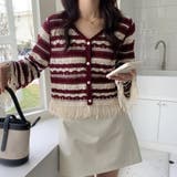 レッド | 大人可愛いコーデを楽しめるアーガイルフリンジカーディガン ミニ丈 クロップド丈 | maison de LATIR
