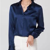 ネイビー | サテン素材でかっこよく着られる大人シャツ サテン オンオフ問わず使える | maison de LATIR