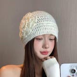 ホワイト | 大人可愛いフラワーモチーフニットキャップ 春 ホーム | maison de LATIR