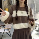 ブラウン | 生地違いのボーダーが可愛いショート丈ニット ニット クロップド丈 | maison de LATIR