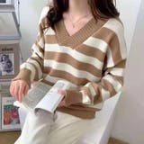 ブラウン | メリハリあるカラーリングでスッキリ決まるニットプルオーバー クロスオーバーVネッ… | maison de LATIR