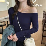 ネイビー | 上品に着こなすフィットオフショルカットソー オフショルダー カットソー | maison de LATIR