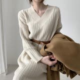 女性らしく大人っぽい印象のVネックリブニットワンピース ニットチュニック 長袖 | maison de LATIR | 詳細画像3