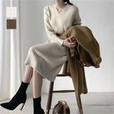 女性らしく大人っぽい印象のVネックリブニットワンピース ニットチュニック 長袖 | maison de LATIR | 詳細画像1