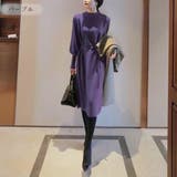 パープル | 女性らしさを引き出すベルト付きのボリュームスリーブニットワンピース 長袖 | maison de LATIR