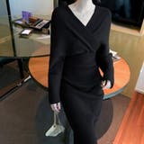 ブラック | ボディラインにキレイにフィットするカシュクールニットワンピース ウェストシェイプ | maison de LATIR