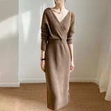 ブラウン | ボディラインにキレイにフィットするカシュクールニットワンピース ウェストシェイプ | maison de LATIR