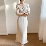 オフホワイト | ボディラインにキレイにフィットするカシュクールニットワンピース ウェストシェイプ | maison de LATIR