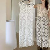 ホワイト | 夏を爽やかに彩るクロシェ編みロングワンピース ノースリーブ 袖なし | maison de LATIR