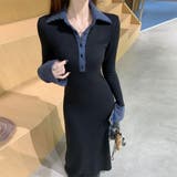 ブラック | 華やかに彩る大人可愛いバイカラー異素材切替ニットワンピース ワンピース オフィス | maison de LATIR