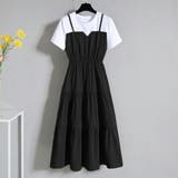 ブラック | 一枚で完成、今っぽレイヤードバイカラーワンピース 配色ティアード レイヤード | maison de LATIR