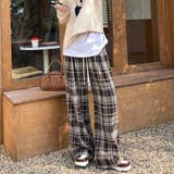 ブラウン | 程よい厚みで柔らかく包み込まれるような着心地のチェック柄ワイドパンツ ウェストゴ… | maison de LATIR