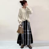 アイボリー | 大人可愛いコーデが即完成する!長袖ニット&チェックスカートセットアップ | maison de LATIR