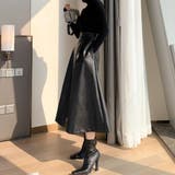 ブラック | 美ラインが女性らしさを引き立てるフェイクレザースカートフレアスカート ボトム | maison de LATIR