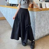ブラック | 揺れるたび、さりげなく可愛いリボンアクセントギャザーロングスカート オフィス オ… | maison de LATIR