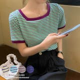 スクエアネックがオシャレなストライプ柄半袖ニット ショート丈 カジュアル | maison de LATIR | 詳細画像1