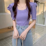 パープル | さりげないデザインがこなれ感を出してくれるニット スクエアネック シャーリングス… | maison de LATIR