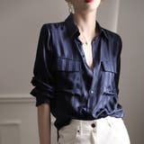 ネイビー | 光沢感が上品なストライプデザイン長袖シャツ 秋 縦縞 | maison de LATIR