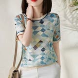 ブルー | 1枚でオシャレに決まる総柄デザインアイスシルクTシャツ 冬 プリントデザイン | maison de LATIR