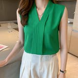 グリーン | エレガントなコーデに仕上がるノースリーブシフォンブラウス Vネック 秋 | maison de LATIR