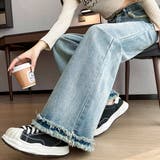 サックス | 大人のこなれ感を演出する裾フリンジワイドデニムパンツ 切りっぱなし ロングパンツ | maison de LATIR