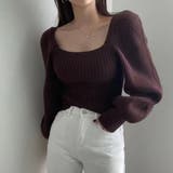 ブラウン | バルーンスリーブが華やかなスクエアネックセーター ニットトップス 無地 | maison de LATIR