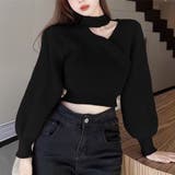 ブラック | 華やかな肌見せニットトップス Vネック ショート丈 | maison de LATIR