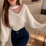ホワイト | 華やかな肌見せニットトップス Vネック ショート丈 | maison de LATIR