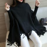 ブラック | 上品さのあるタートルネックニットポンチョ フリンジ セーター | maison de LATIR