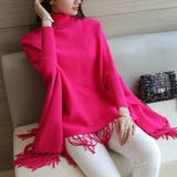 ピンク | 上品さのあるタートルネックニットポンチョ フリンジ セーター | maison de LATIR