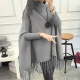 グレー | 上品さのあるタートルネックニットポンチョ フリンジ セーター | maison de LATIR