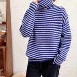ブルー | 大人可愛いボーダーデザインタートルネックニット 夏 夏 | maison de LATIR