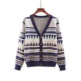 ネイビー | レトロ感が可愛い総柄Vネックニットカーディガン 冬 ニット | maison de LATIR